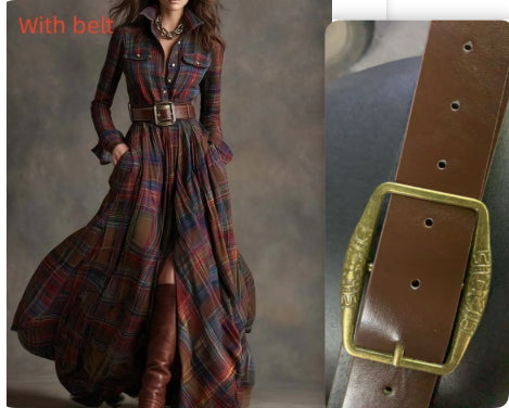 Ins Plaid Print Long-Sleeved Dress Fashion Pockets Collared Buttons Shirt Long Dresses Retro Women's Clothing