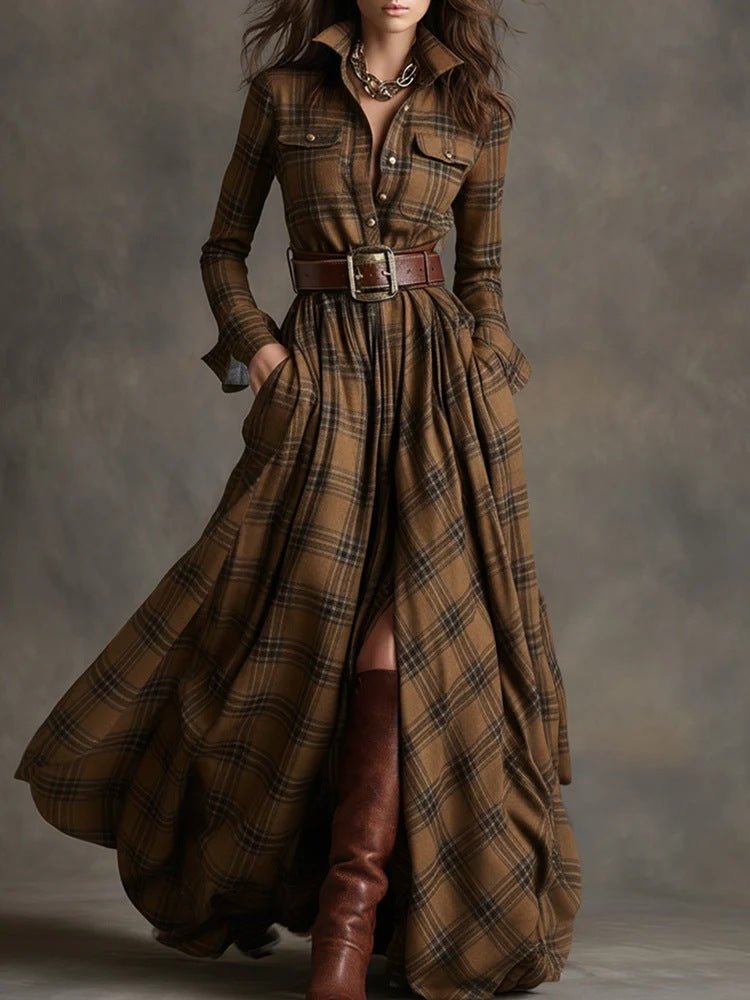 Ins Plaid Print Long-Sleeved Dress Fashion Pockets Collared Buttons Shirt Long Dresses Retro Women's Clothing